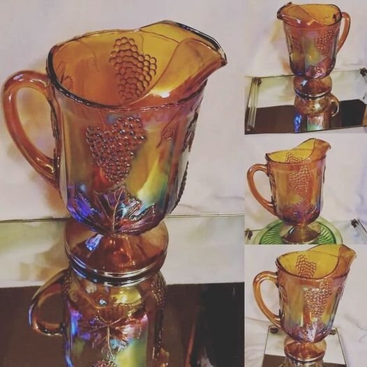 #etsy shop:HarvestGrapePitcher etsy.me/3Of7xt1 #goldglass #icelipspout #thanksgiving #carnivalglass #indianaglass #embossedgrapes #glasspitcher #harvestgrape #grapesandleaves #dwedgecreations.etsy.com #barware #marigoldpitcher #artglass #artdeco #party #artworksale