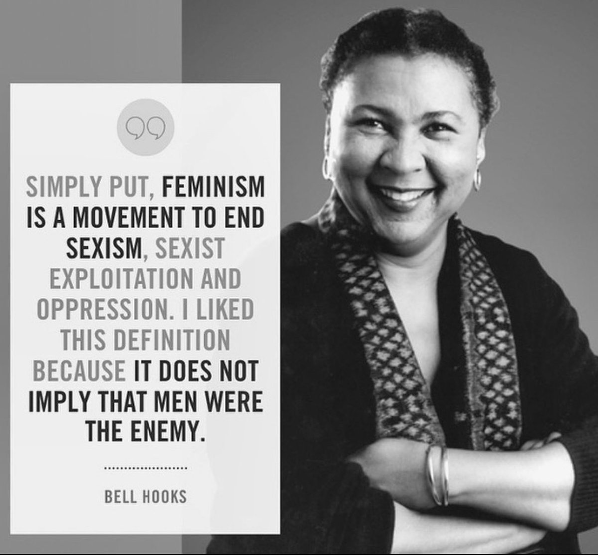 Bell Hooks, thank you for this beautiful message. The problem is not simply men, the problem is patriarch-based systems that aren’t balanced with the Divine Feminine and Divine Masculine both present. Both are essential for balance! 

🩵🩵🩵 AND SO IT IS 🩵🩵🩵