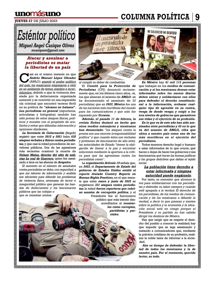 ATACAR Y ASESINAR A PERIODISTAS ES MATAR LA LIBERTAD DE UN PAÍS. Mi columna #EstentorPolítico que se publicó hoy en el diario nacional @UnomasunoMx 'Hay que exigir que se respete el derecho del pueblo a conocer la realidad; hay que impedir que se siga asesinando y matando a…