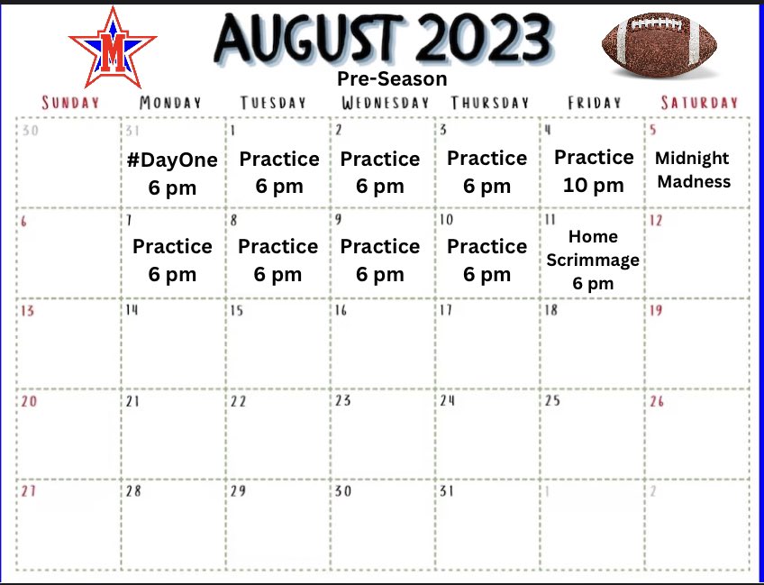 🚨Attention Players🚨

First mandatory practice is Monday evening and here’s a look at the practice schedule through our scrimmage on the 11th.

Reminder: These are mandatory and physicals are required on file!