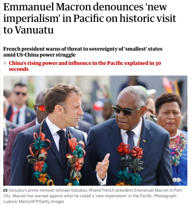 qiaocollective's tweet photo. France still maintains three colonies in the Pacific—New Caledonia, French Polynesia and Wallis and Futuna.

Just like the "new colonialism" in Africa, Western leaders fearmongering about "Chinese imperialism" in the Pacific are just shoring up their own imperial interests. https://t.co/YeLhqPmK2p