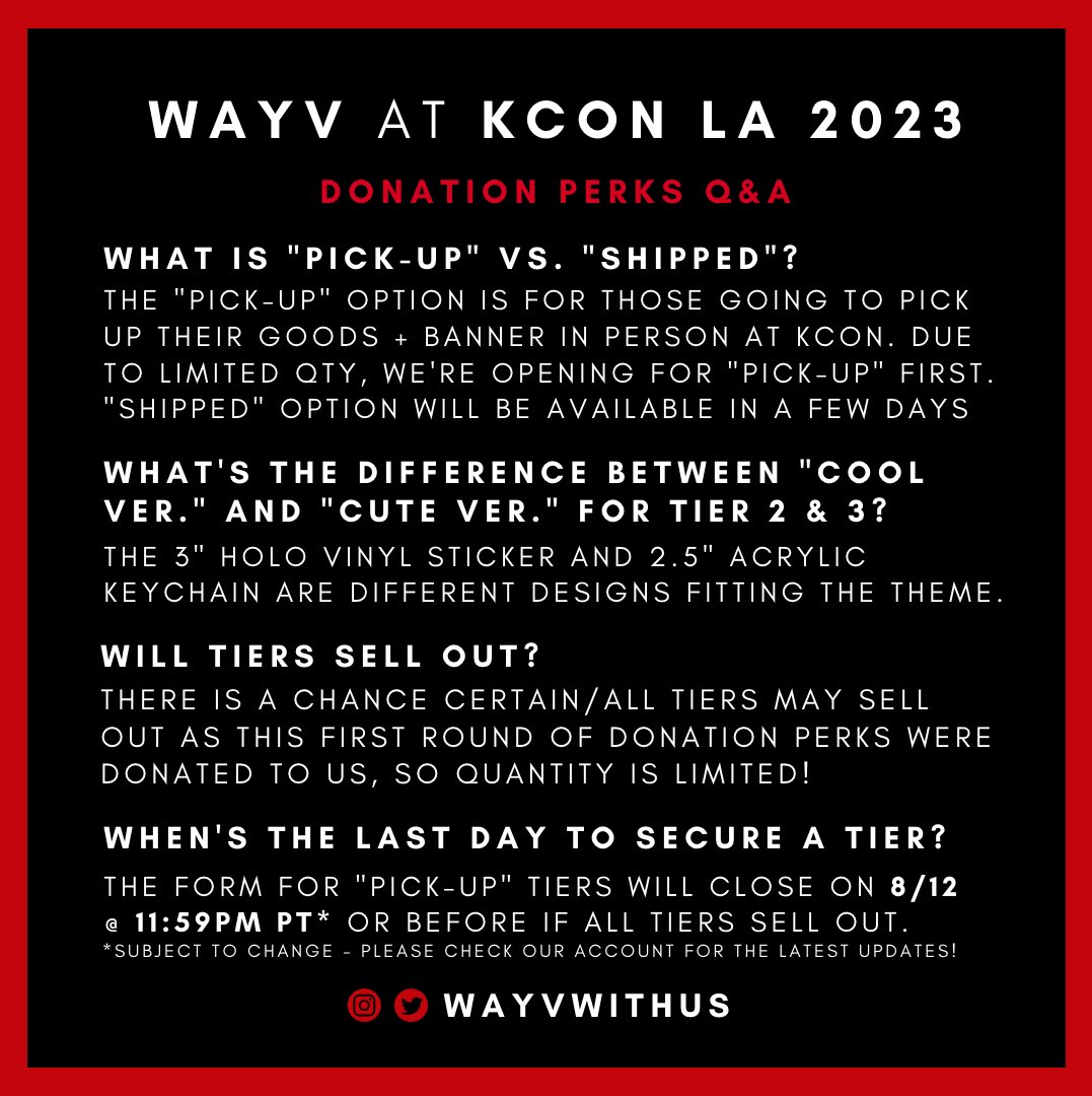 WayVwithUS's tweet photo. [Fundraising] PICK-UP Donation Tiers Info + Q&amp;A

All these donation perks were donated to us so QTY is limited! We are opening up the PICK-UP option first for those going to KCON ☺️ (Shipped option will be available later on!)

🔗 Reservation Form: https://t.co/QMsfm8yaT4 https://t.co/fs7zaap9TY