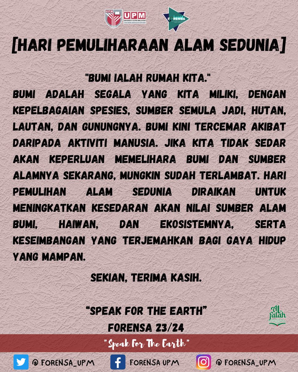 Forensc_upm's tweet photo. [HARI PEMULIHARAAN ALAM SEDUNIA]

Ikuti berita dan maklumat hebahan FORENSA di:

Instagram: https://t.co/ewpJadTuaH
Facebook: https://t.co/l1UhDQsxjT
Twitter: https://t.co/6uL6s9kZ64

#forensaupm
#fhasupm
#weloveupm https://t.co/dDdzUNqW6O