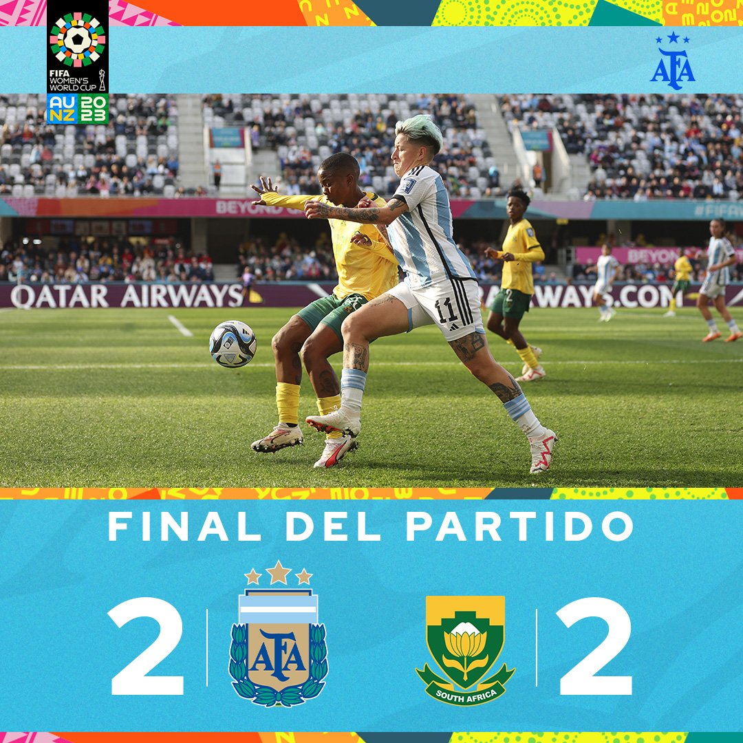 Argentina's tweet photo. 🏆 #SelecciónFemenina - #FIFAWWC 

⚽ @Argentina 🇦🇷 2 (Sophia Braun y Romina Núñez) 🆚 #Sudáfrica 🇿🇦 2 (Linda Motlhalo y Thembi Kgatlana)

👉 ¡Final del partido!

¡#VamosArgentina! 🤜🤛 https://t.co/hFJTvDnE8g
