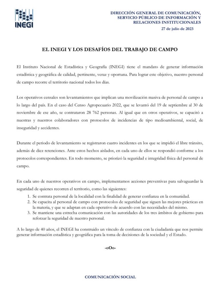 En cada uno de nuestros operativos de campo, el #INEGI implementa acciones preventivas para salvaguardar la seguridad de sus colaboradores. 

Sobre la información referente al Censo Agropecuario 2022, el <a href="/INEGI_INFORMA/">INEGI INFORMA</a> publicó la siguiente  nota. 

inegi.org.mx/contenidos/sal…
