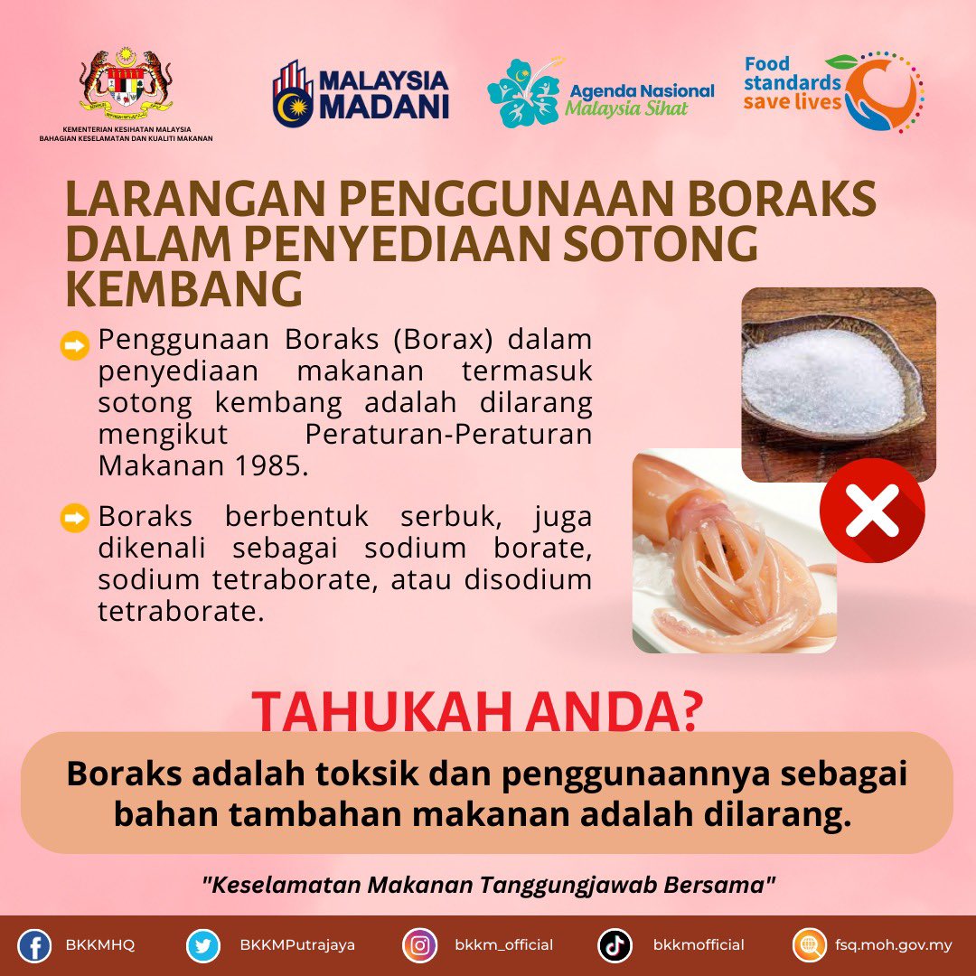 bkkm_official's tweet photo. 💡 Tahukah anda?
Penggunaan boraks atau borax dalam penyediaan makanan termasuk sotong kembang adalah dilarang.
#boraks
#FoodStandardsSaveLives
#KeselamatanMakananTanggungjawabBersama
#BKKM
#KKM https://t.co/5mYoK6F2je