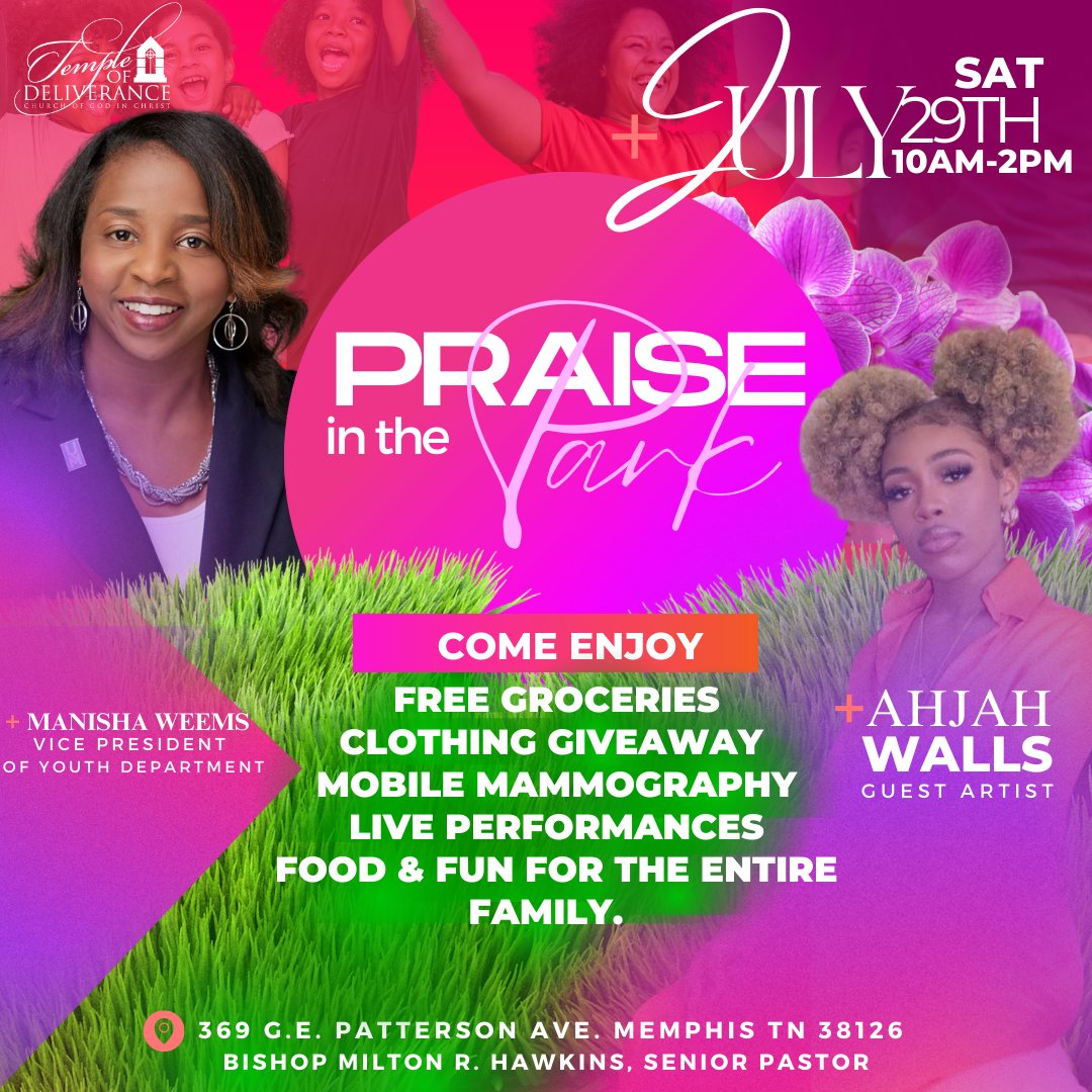 Join us THIS SATURDAY from 10am - 2pm for "Praise in the Park", featuring Gospel Recording Artist Ahjah Walls of the renowned Walls Group!

In addition to the live musical performances, there will be grocery giveaways for the 1st 150 families, mobile mammography, food, and more!