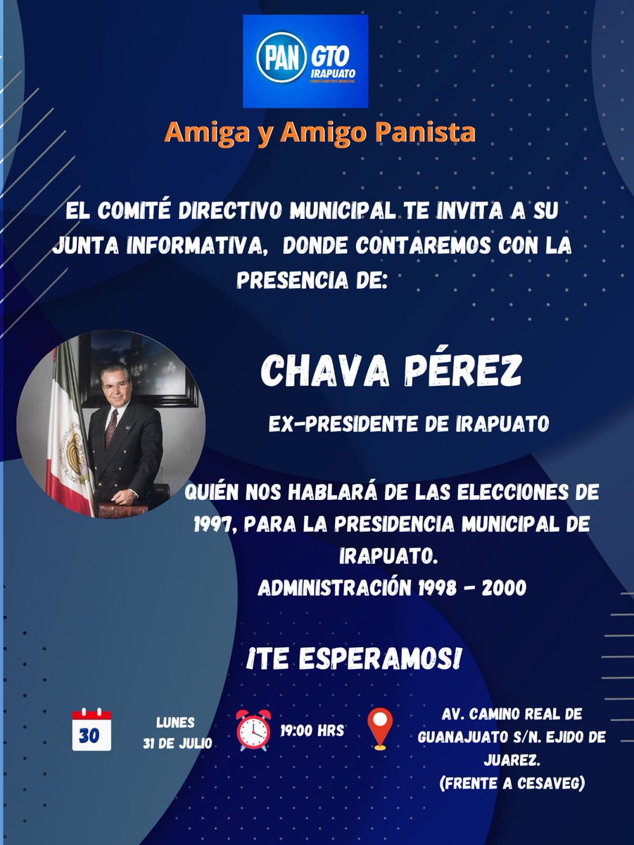 cchavezsandoval's tweet photo. De gala estara el @PANIrapuato con la presencia de Chava Pérez, Primer Presidente Municipal de Irapuato emanado del PAN. Una charla llena de anécdotas la que ofrecerá este 31 de julio. Acompañemoslo!!! #SiLeSabe @lalolopezm https://t.co/9GmZrKnJSQ