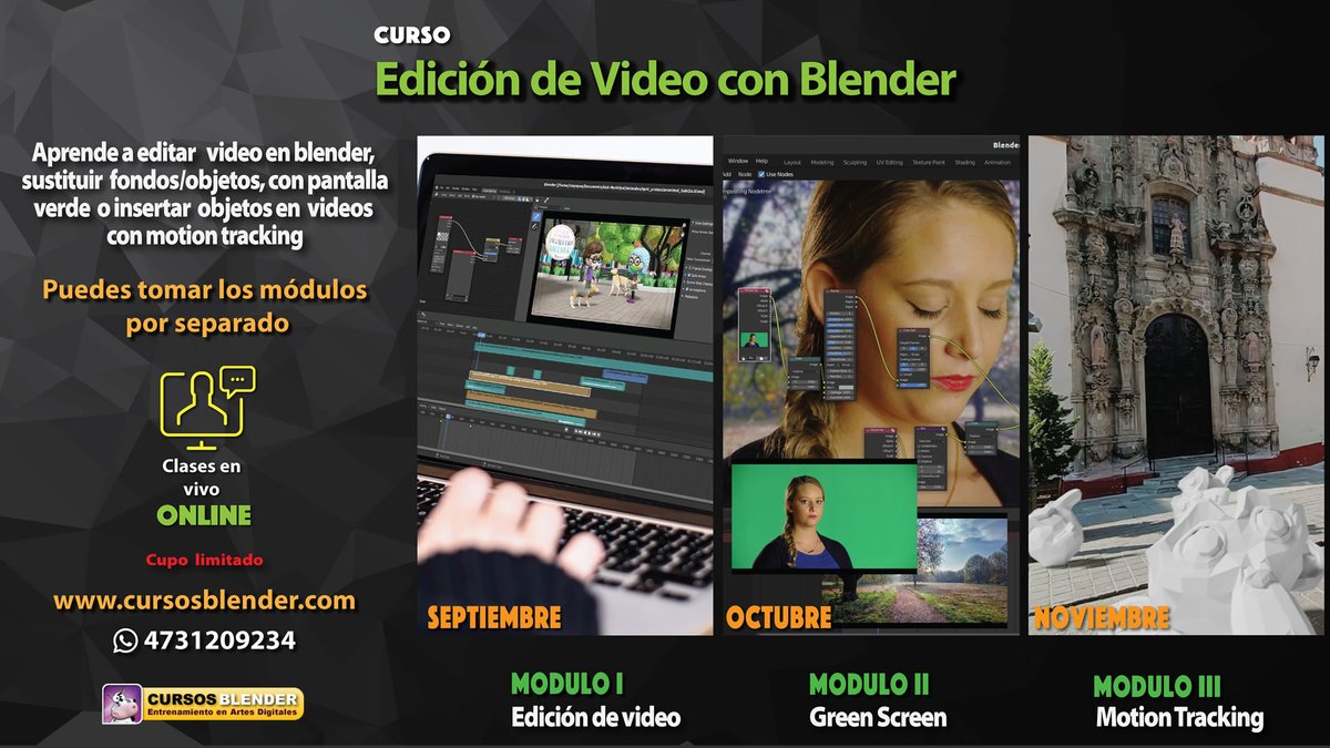 casyopea's tweet image. Curso para adultos, Edición de Video con Blender: Módulo 1.- Edición de video 
Módulo 2.- Green Screen 
Módulo 3.- Motion tracking 
 No se requiere experiencia previa ¡El poder del software Libre! 

#b3d #Blender3D #artedigital #VFX #FreeSoftware 
cursosblender.com/2023/01/16/edi…