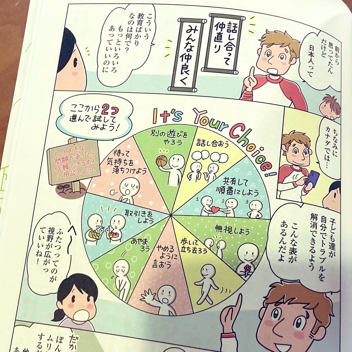 わたなべぽんさんの「人見知りの自分を許せたら生きるのがラクになりました」ご恵投いただきました。

この中で紹介されてたカナダの子ども向けの人間関係トラブル対応、すごくいい!ふたつ選ぶってのがまたいい。

そう、人間関係、全員と仲良くなんて絶対無理なのだ〜。ついでに息子に→ 