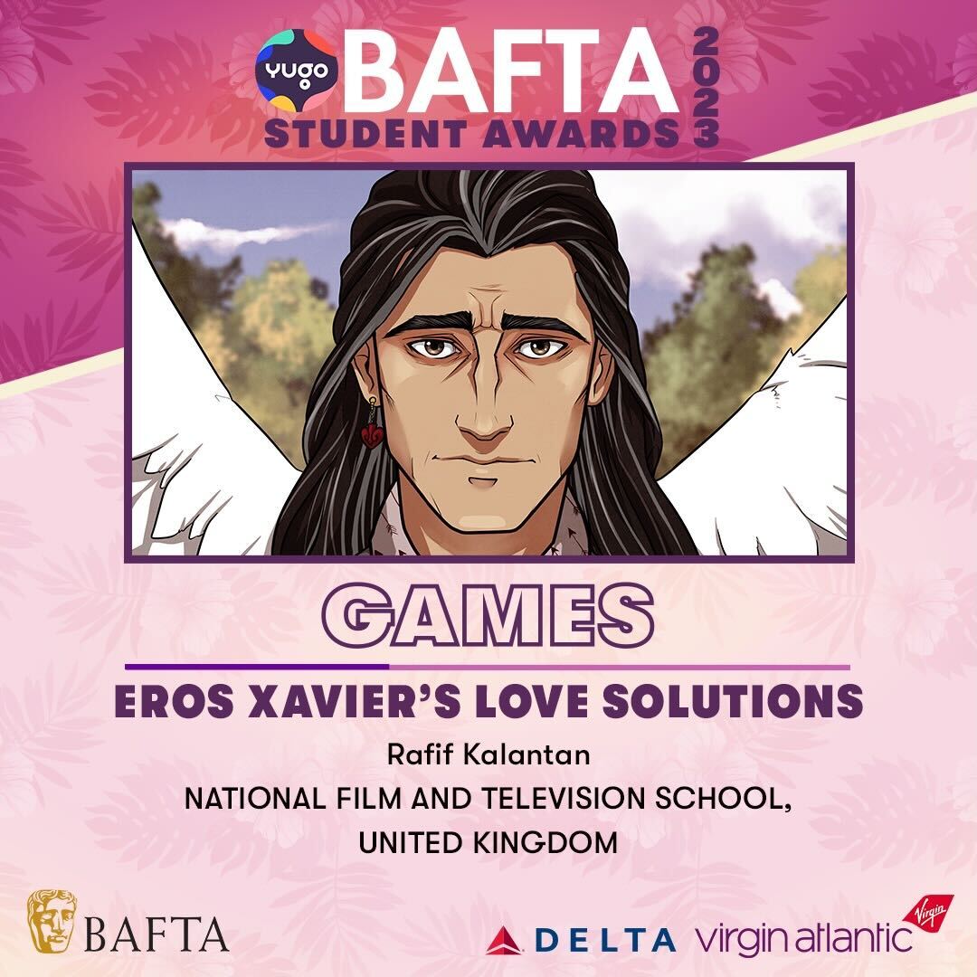 BAFTAUS's tweet photo. The winner of the 2023 Yugo BAFTA Student Award for Games is “Eros Xavier’s Love Solutions”, created by Rafif Kalantan from the National Film and Television School in the United Kingdom. https://t.co/hS9PIEnUJL