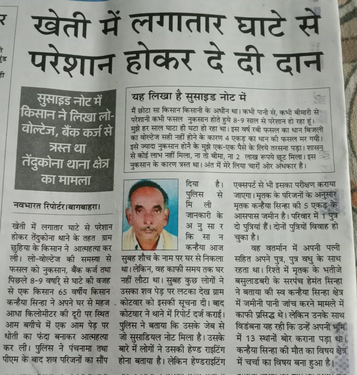 जिला महासमुंद,बागबाहरा,ग्राम छुहिया के किसान ने आत्महत्या कर ली।