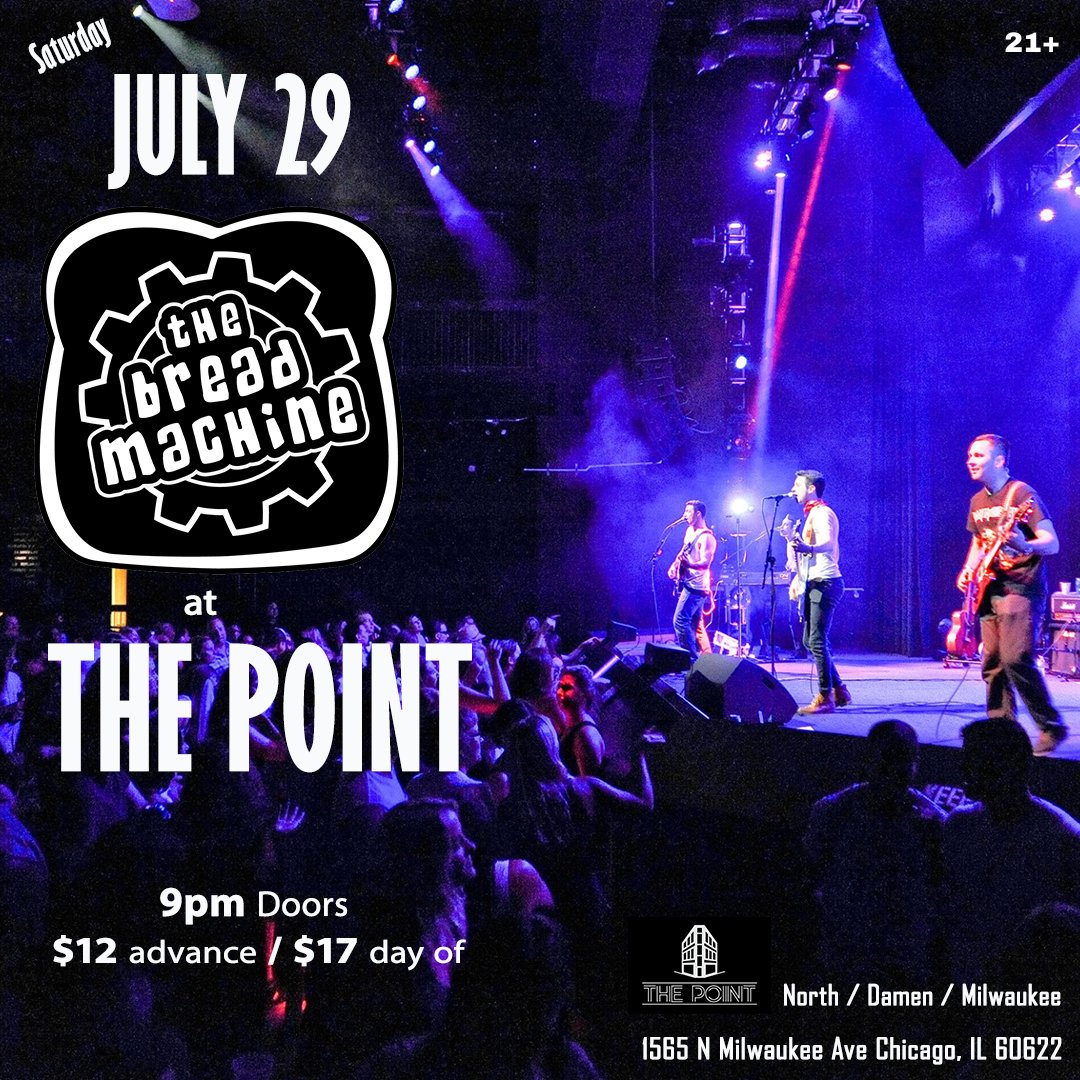 Bready to rock &amp; load around?🤘🍞 Join us at The Point tonight as <a href="/TheBreadMachine/">The Bread Machine</a> takes us on a nostalgic journey of ‘90s-‘00s jams! It’s going to be dough-lightful night you don’t want to miss!

Doors @ 9 PM // Music @ 10 PM
🎟: bit.ly/BreadMachine07…