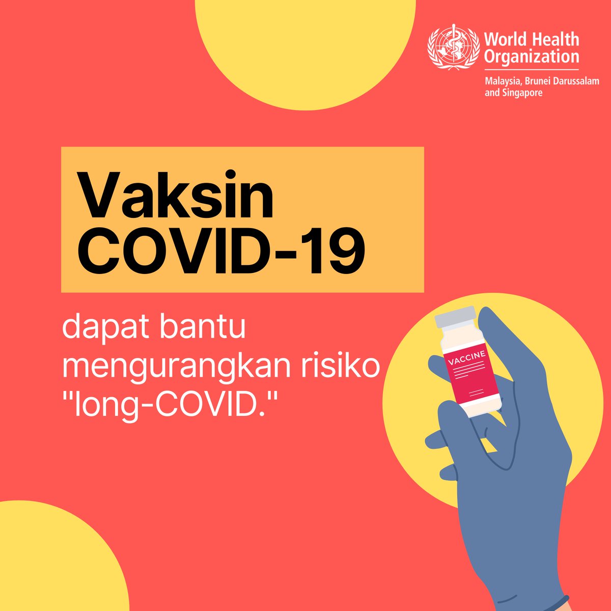 WHOMalaysia's tweet photo. Walaupun #COVID19 bukan lagi kecemasan kesihatan sedunia, ramai orang masih jatuh sakit &amp; mati sebabnya.

Lindungi diri anda dan orang tersayang dengan mengambil vaksin COVID19 termasuk dos penggalak untuk mengurangkan risiko daripada ‘long-COVID’." https://t.co/6EC3ImJCyQ