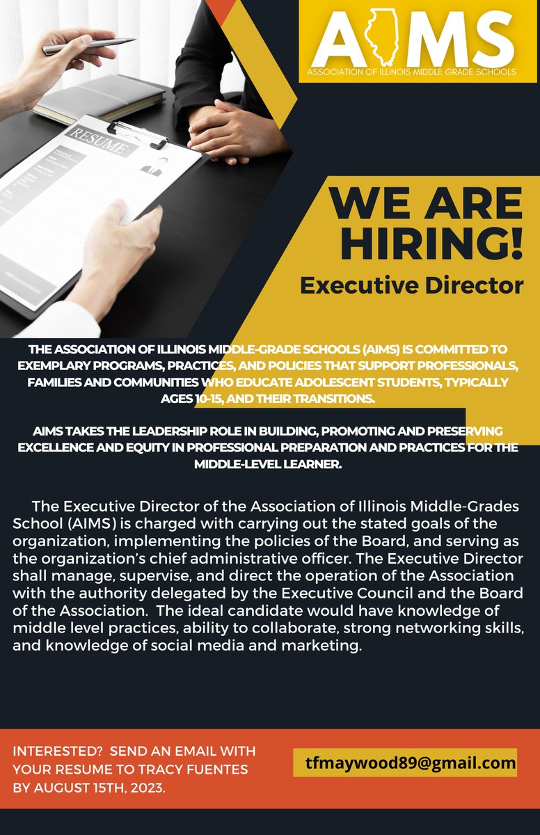 aimsnetwork's tweet photo. We are looking for an Executive Co-Director of Networking and Professional Development. If you are a leader and passionate about supporting middle level education, we have the perfect job for you! Email us for more details. @ilprincipals @NAESP #middleschoolprincipal https://t.co/2G6AgWJYUV