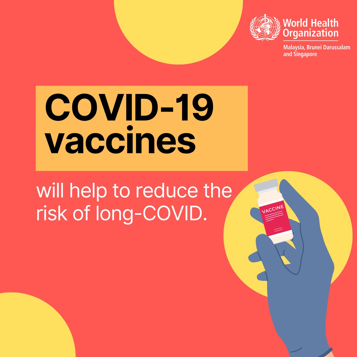 WHOMalaysia's tweet photo. While #COVID19 may no longer be a global health emergency, people are still getting sick &amp; dying from it.

Protecting yourself and loved ones around you by taking COVID19 vaccine recommended doses, including boosters, that will help reduce the risk of long COVID. https://t.co/XyQDQC6sGb