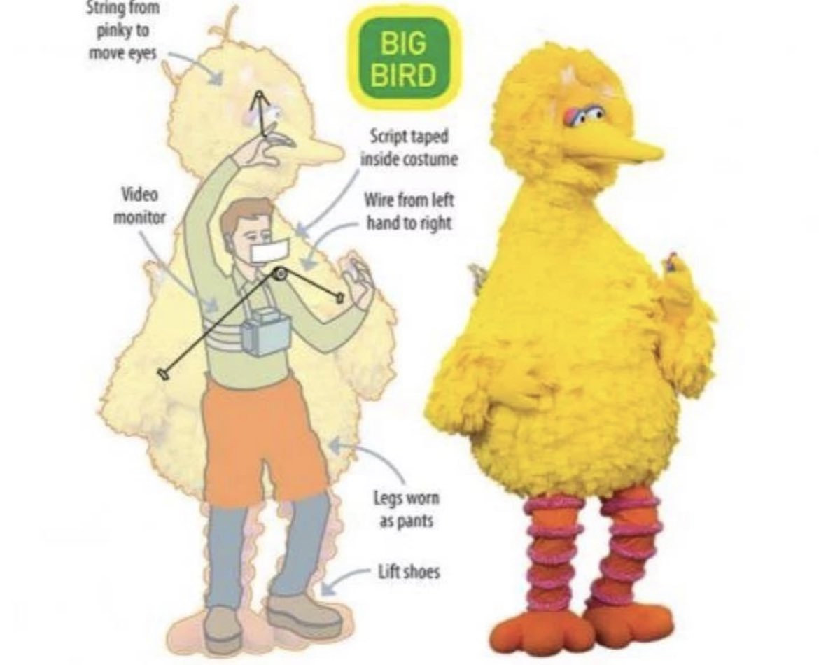 historyinmemes's tweet photo. How to Operate the Big Bird Costume

Big Bird is an 8-foot 2-inch (249 cm) anthropomorphic canary that was operated by Carroll Spinney (swipe left) from 1969 to 2018. As Spinney got older, Big Bird appeared less frequently on the show, and when he did, his on-screen time got shorter and shorter because it was difficult for him to hold up his arms for long periods of time.