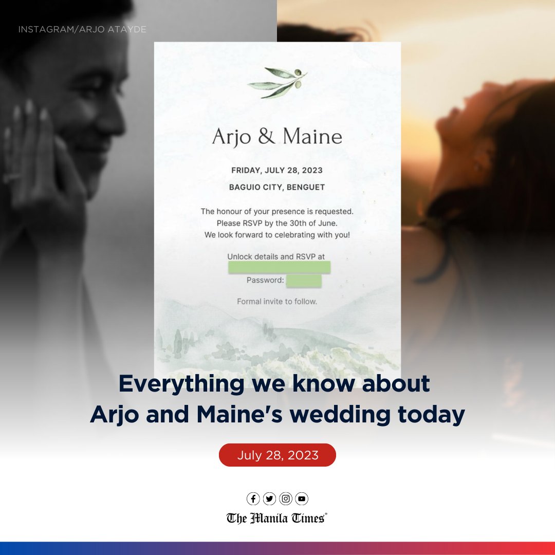 (UPDATE) Yes, today's the big day.

Internationally awarded actor and Quezon City Congressman Arjo Atayde and top television personality Maine Mendoza are getting married in Baguio City 

(cont...)