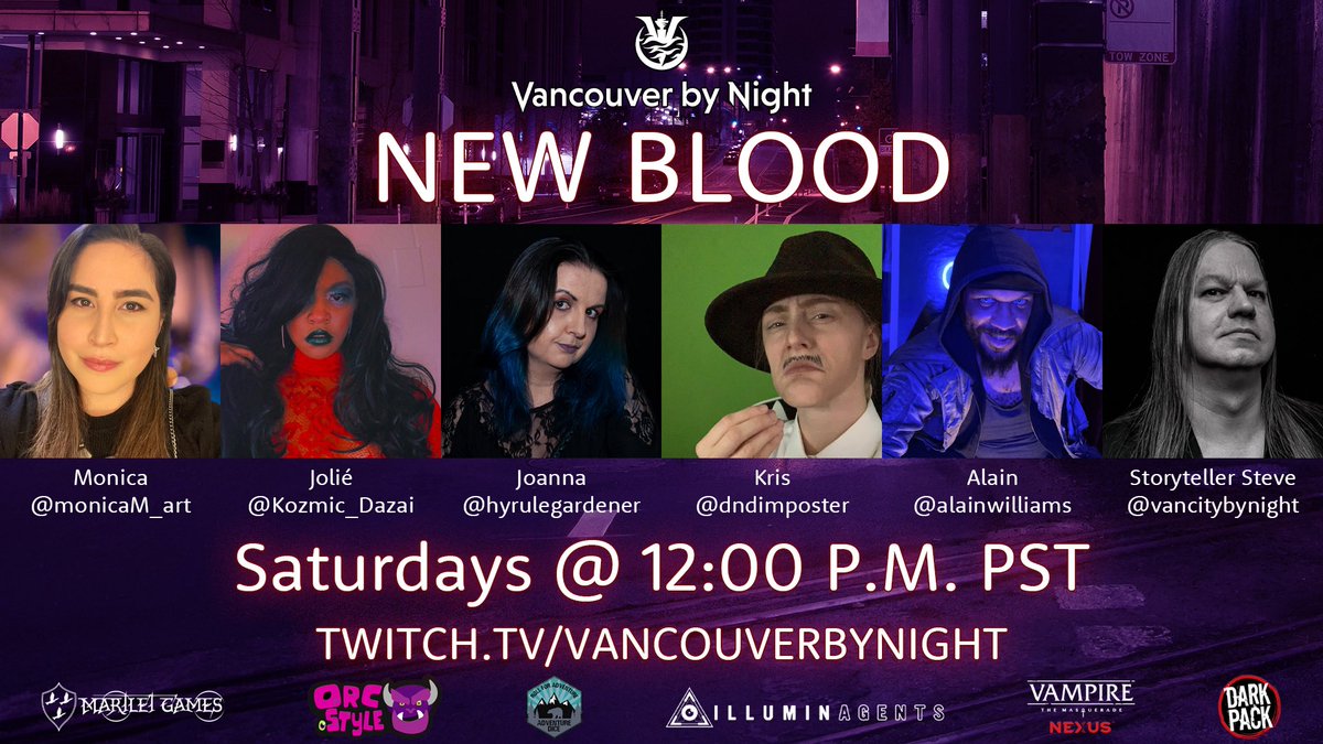 Join us on Saturday at Noon PST on twitch.tv/Vancouverbynig… for another episode of our long running #vampirethemasquerade game Vancouver by Night: New Blood! 

The coterie has become quite popular since the domain has been granted, how will they deal with the new pressures?