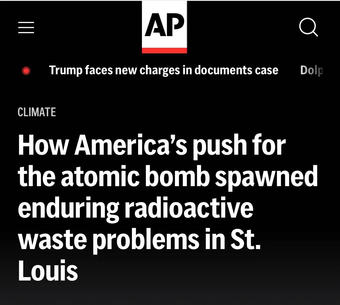 DevelopingChina's tweet photo. US government and companies responsible for nuclear bomb production and atomic waste storage sites in the St. Louis area in the mid-20th century were aware of health risks, spills, improperly stored contaminants and other problems but often ignored them--AP https://t.co/F0ZWacmA0O