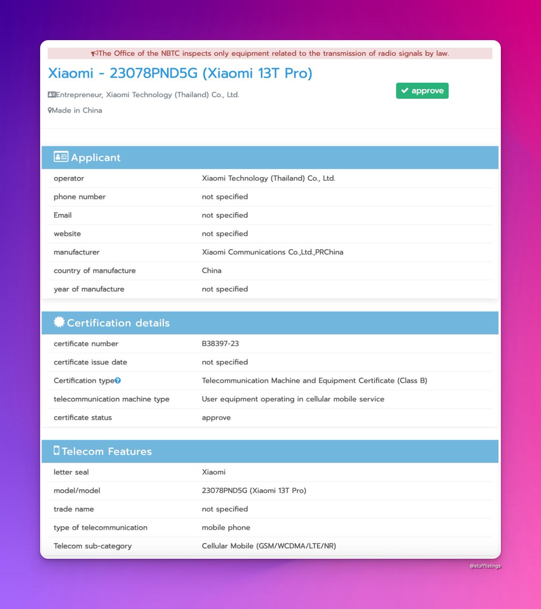 Xiaomi 13T Pro receives the NBTC certification.
#Xiaomi #Xiaomi13TPro