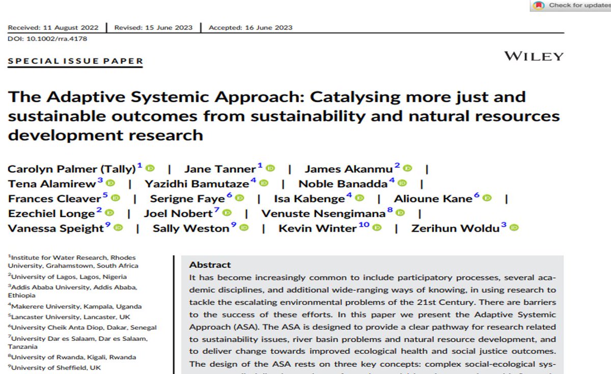 WaterResearchRU's tweet photo. New paper ! "The Adaptive Systemic Approach: Catalysing more just and sustainable outcomes from sustainability and natural resources development research". A special Issue Paper; Palmer et al.,2023. 
DOI: 10.1002/rra.4178 
@ARUA_News @UKRI_News @Rhodes_Uni @AAwarmn @Makerere https://t.co/rE6gZFLtp5