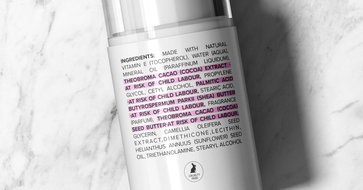 WorldVision's tweet photo. What's that beauty product really made of?
If it contains palm oil (and its derivatives), vanilla, shea, cocoa, mica or copper then chances are high that it "contains" #ChildLabour.
ℹ️ Learn more: https://t.co/ow5xl93eaS
#PriceOfBeauty #PrettyShady #ShadyBeauty #EndChildLabor https://t.co/PPnPINpSiR