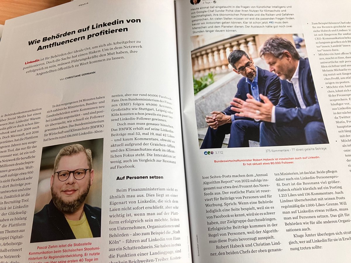 Ich halte #LinkedIn für eine gute Alternative zu X. 

Wie Behörden auf dieser Plattform komunizieren, darüber berichtet das <a href="/KOM_Magazin/">KOM</a>. 
Ich freue mich über die Erwähnung.

Der Bericht ist hier zu finden: kom.de/public-relatio…

Meine Seite: kom.de/public-relatio…