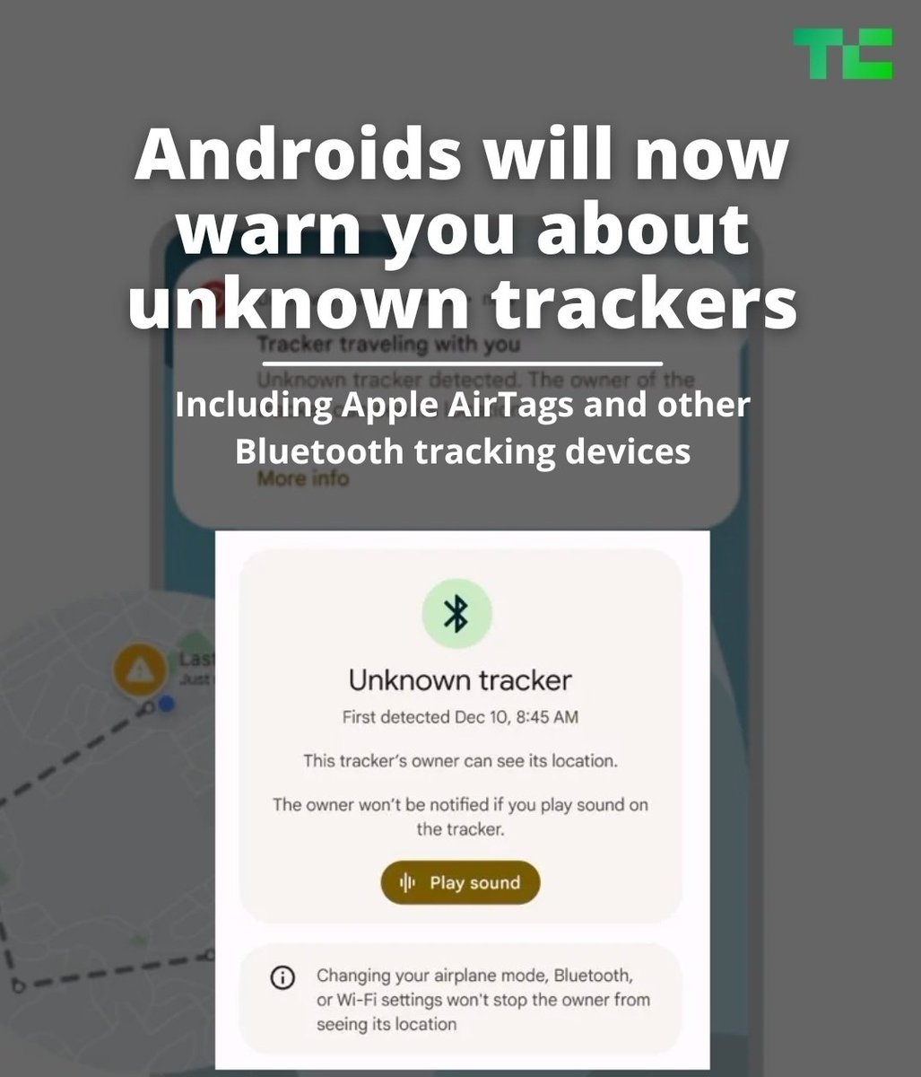 Good news to Android users! 💃🏼

#Google is rolling out a new safety feature called "unknown tracker alerts".

1. You will be notified if you are being stalked by unknown trackers like Apple's AirTag or other Bluetooth trackers.
2. You can manually disable it.