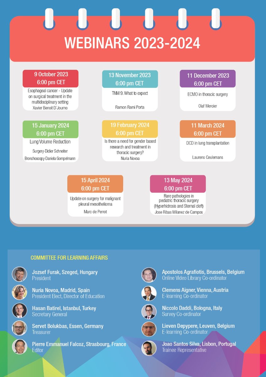SECTtoracica's tweet photo. ❗ El 9 de octubre arranca la nueva serie de webinars que la ESTS (@thoracic) ha elaborado para el curso 2023-2024. ¡Apuntad los que más os interesen ✍️! #thoracicsurgery https://t.co/rH7lJXACZr https://t.co/vnz61ZIUeO