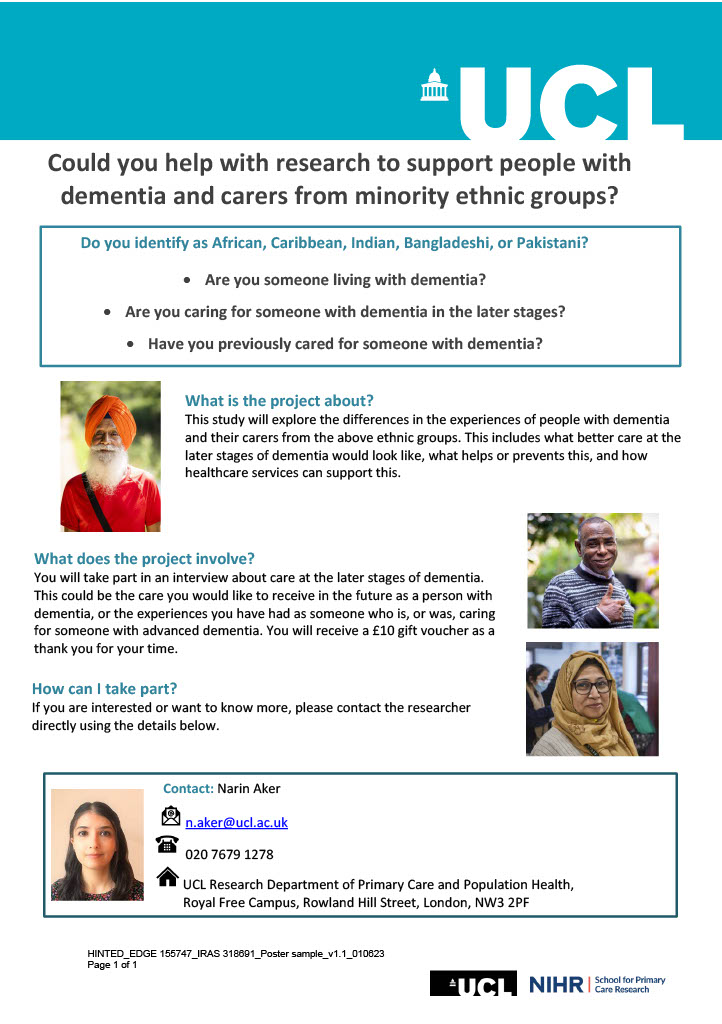 Are you a #carer or someone living with #dementia from a Black African, Caribbean, Indian, Pakistani or Bangladeshi background? We would like to interview you about your care at the later stages of dementia. Contact Narin Aker (n.aker@ucl.ac.uk) for more info @n_aker_