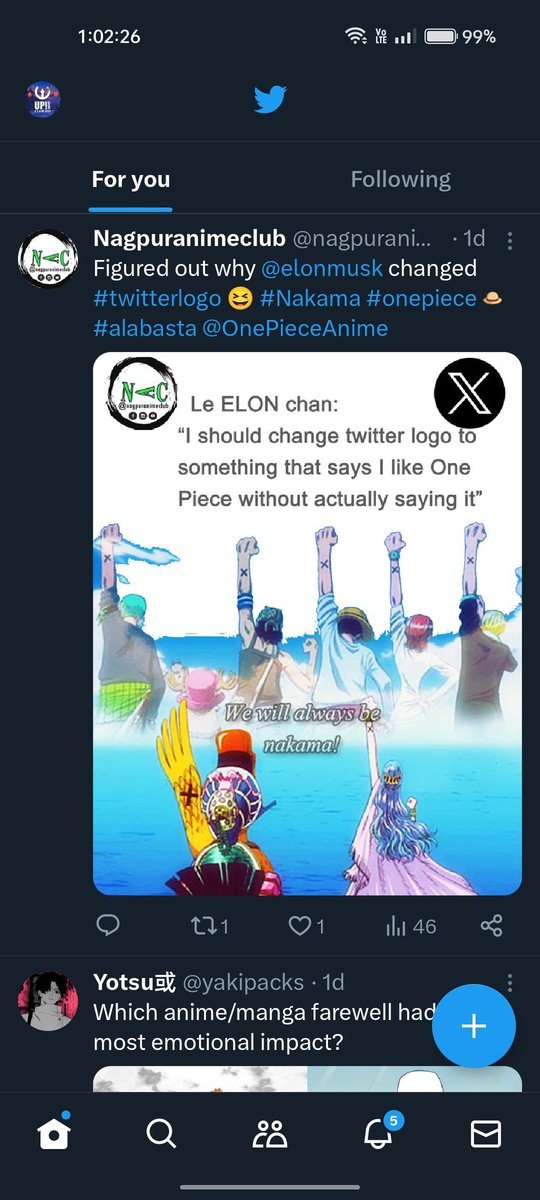 UpAnimeClub's tweet photo. @nagpuranimeclub @elonmusk @OnePieceAnime But the mobile logo is still a blue bird ( naruto Fan ) 😂 https://t.co/ATY0b9z8gr