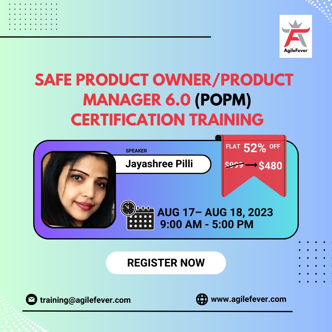 Enroll Now(POPM Course): agilefever.com/agile/safe-pro…

Exciting News!
AgileFever presents the SAFe Product Owner/Product Manager 6.0 (POPM) Certification Training on Aug 17– Aug 18, 2023, and we're offering a whopping 52% OFF!

Hurry! Limited seats available.
#SAFePOPM  #Agiletraining