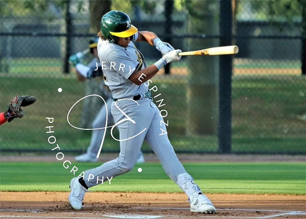 JEspinoza1634's tweet photo. Oakland Athletics 2023 CB-A draft pick (39th overall) Myles Naylor professional debut 7/27/23 vs the Los Angeles Dodgers in Arizona Complex League. He got his first pro hit going 1 for 3 and played 3B. https://t.co/AmPdWteKMx