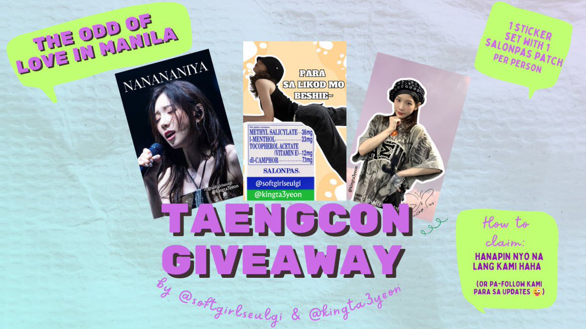softgirlseulgi's tweet photo. π First fan support project!!!
πReady na pa-giveaway namin ni tita @kingta3yeon sa Taengcon this Sunday
π€©β¨β¨β¨
#TheODDOfLOVE
#TheODDOfLOVE_in_MANILA
#TAENGCON https://t.co/Gs3oP2eMRq