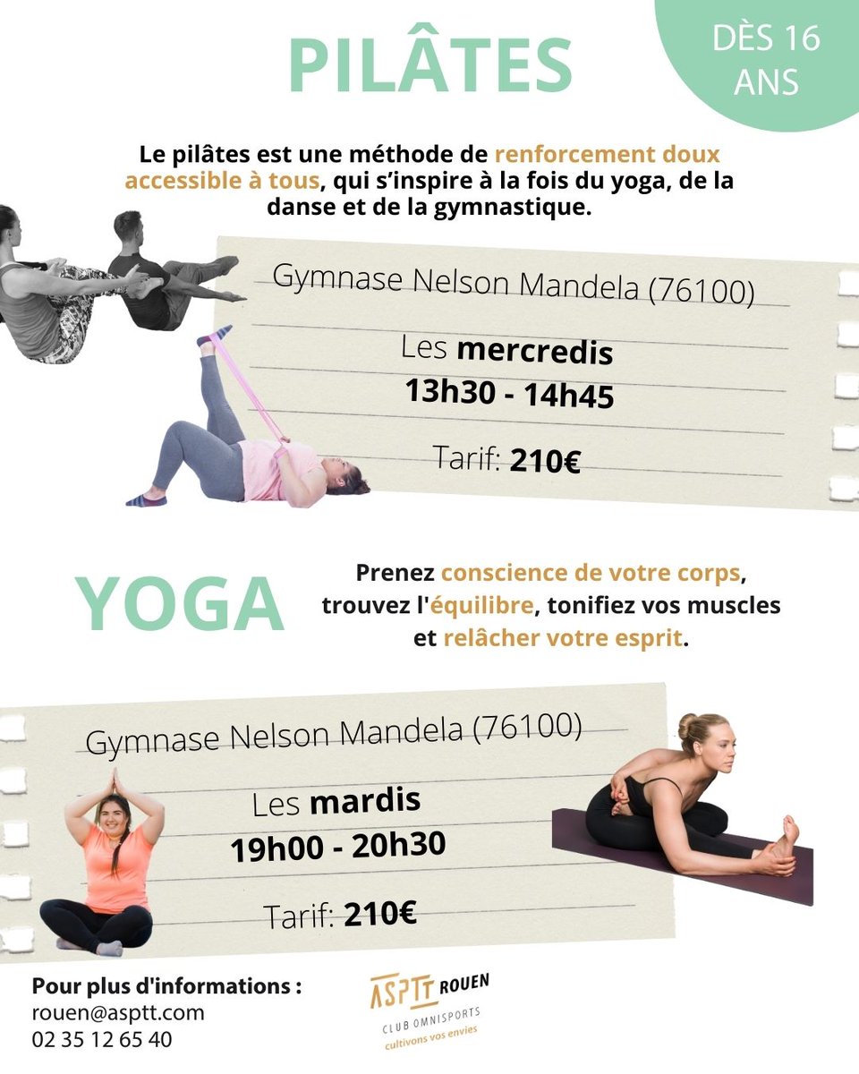 Avec l'ASPTT #Rouen, c'est trop bon de faire du sport ! Rejoignez nous au #yoga ou au #pilates🌸

👍 Pour se focaliser sur le moment présent
🧘‍♂️Pour être détendu et remonté à bloc en fin de séance !
🧠Pour détendre son corps et son esprit