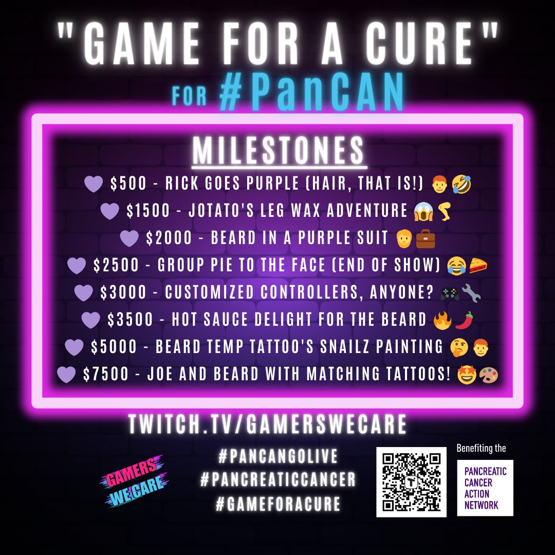 🎉🎮 Get Ready for Gaming Goodness! 🎮🎉

🔥 Join us for a GamersWeCare charity event tomorrow 2 pm EST filled with laughter and excitement, and check out the fun milestones we've got lined up!🌟💜 
Here's what's in store

#GamingForACure #PanCAN