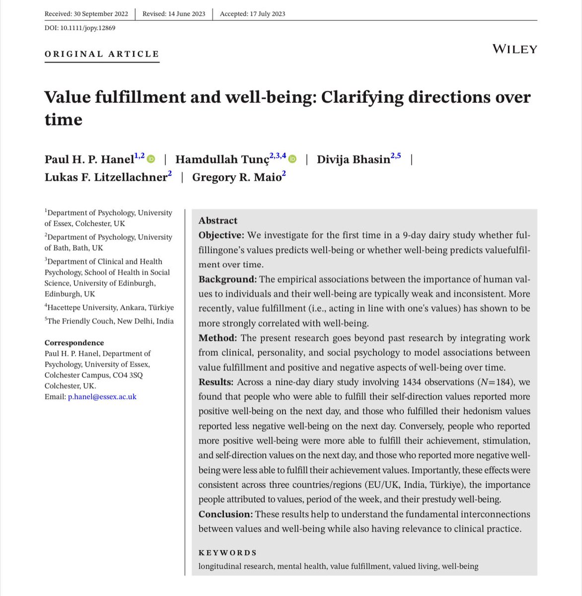 Publication Alert 🥳
🔎 Our paper, investigating the directional relationships between value fulfilment and well-being, has now been published in “Journal of Personality”. 
🔗 Here is the link for you to read/download/share the paper: doi.org/10.1111/jopy.1…