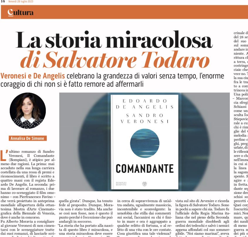 Veronesi e De Angelis portano a galla una storia finita negli abissi dell’oblio, quella eroica di Salvatore Todaro, e celebrano così la grandezza di valori senza tempo, l’enorme coraggio di chi non si è fatto remore ad affermarli, nonostante e contro tutto.
Ne scrivo oggi 👇🏼💫