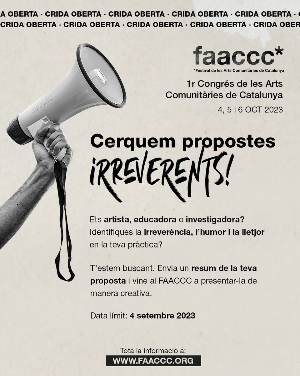 🔥Compartim ❤️aquesta crida del @FAACCC1 que es celebrarà aquest octubre a la @fabraicoats_fic Les vostres propostes artístiques són irreverents? Les identifiques amb la irreverència, l'humor i la lletjor? Contacta-hi!