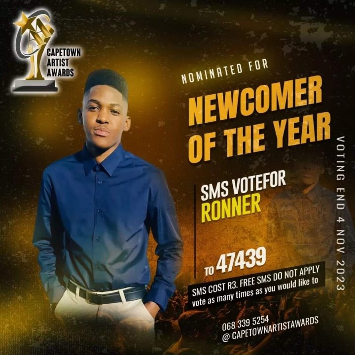 Iam_Ronner's tweet photo. PSA❗: I've been nominated for the newcomer of the year by Cape Town Artist Awards. Your vote and support would be highly appreciated. Send an SMS to '47439' to make your vote and please include 'VOTEFOR RONNER' as it is only or the vote will be invalid. Vote cost R3 per SMS❤️🙏🏾 https://t.co/XxJR9xkhX5