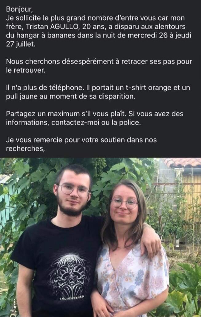 Merci de RT pour nous donner plus de chances de retrouver Tristan. Il a disparu autour du Hangar à Bananes à Nantes, dans la nuit de mercredi. #disparitioninquietante #Nantes