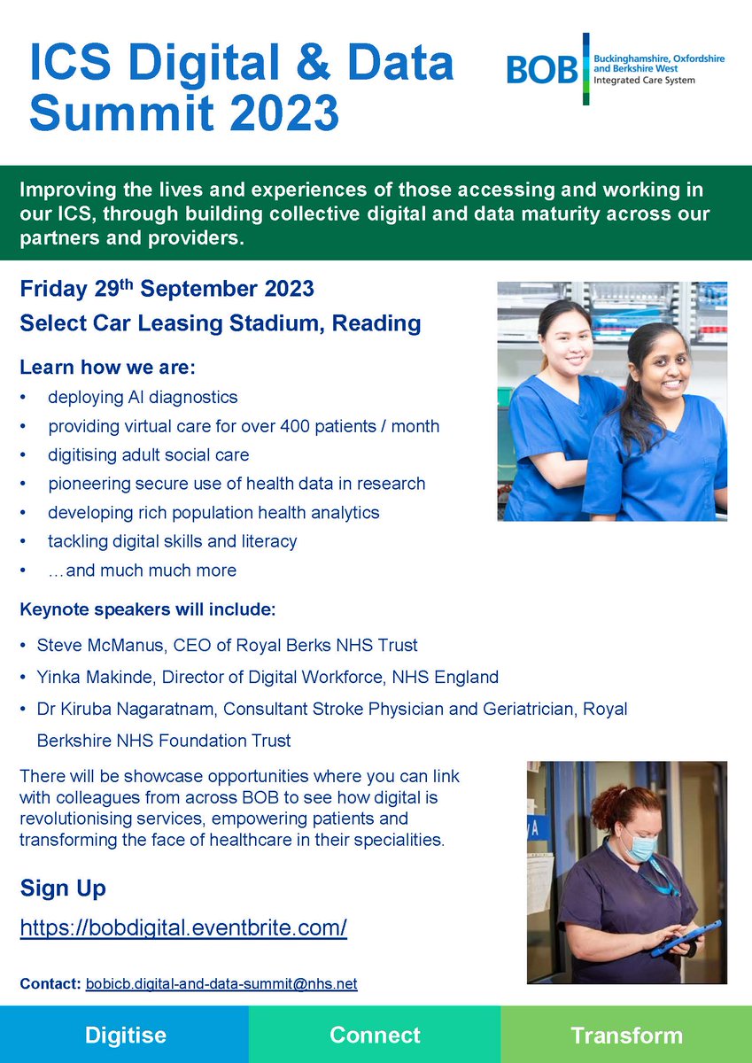 Join the BOB ICS Digital &amp; Data Summit on 29th September to learn about the many ways we're improving the health and care of our population.

The event is open to anyone working in the NHS, local authorities and care providers within system.

bobdigital.eventbrite.com