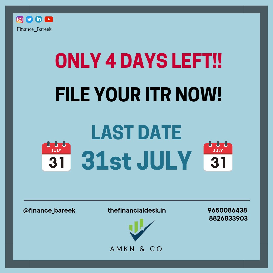 Alert! Only 4 days left!! File your #itr now and claim your #taxrefund !!

#itrseason #itrfilingseason #itr2022_23 #itrfilenow #fileyourtaxreturn #fileyourtaxes #fileyouritrnow #fileyouritrindia #itrindia #itrfiling #taxlaws #taxrefund #taxreturn #financialtips #financialgoals…
