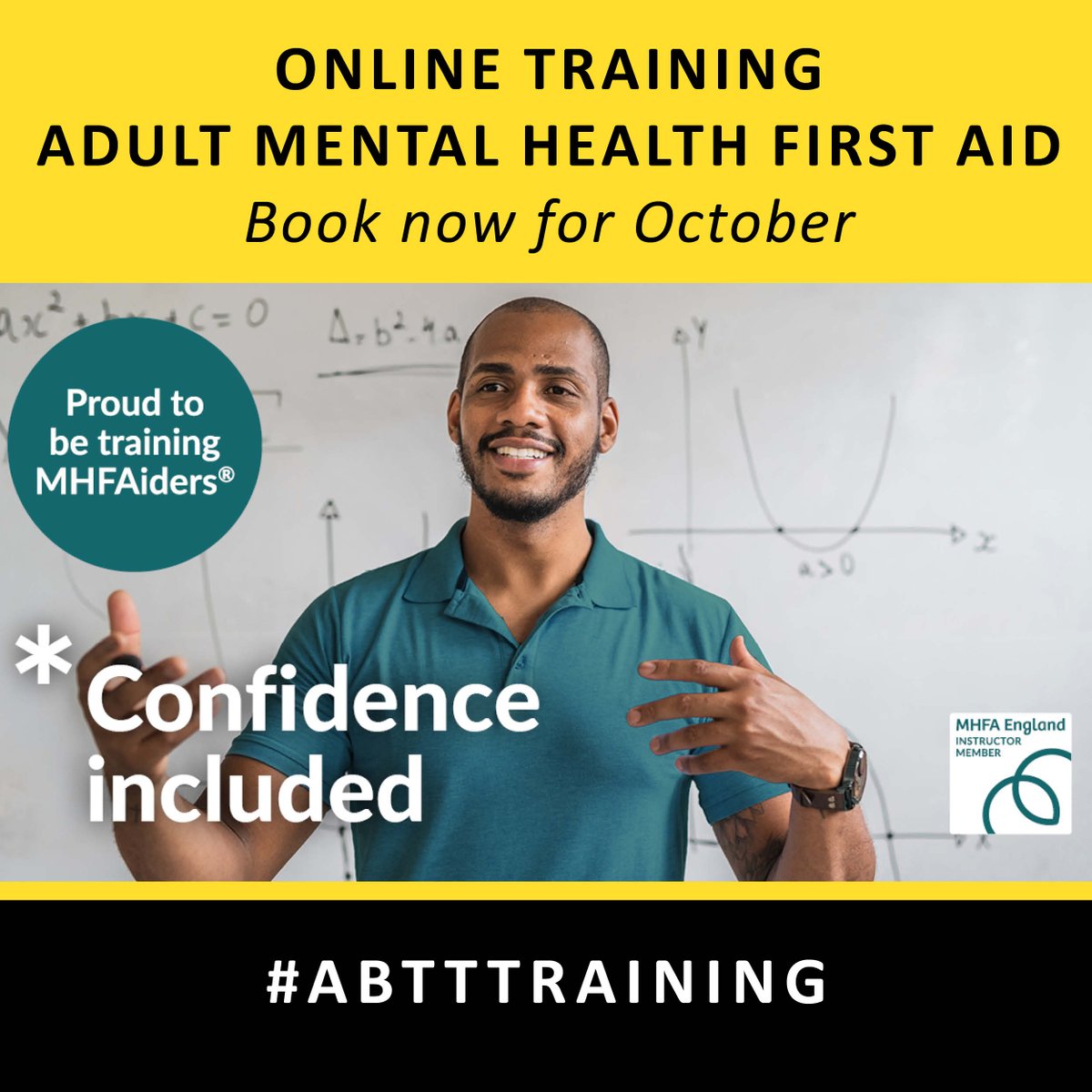 theabtt's tweet photo. October dates released for our popular Online Mental Health First Aid Training.

This internationally recognised training course teaches people how to spot the signs &amp; symptoms of mental ill health &amp; provide help on a first aid basis.

https://t.co/BkrT2mDdKH

#ABTTtraining #MHFA https://t.co/SuTbdBBPR5
