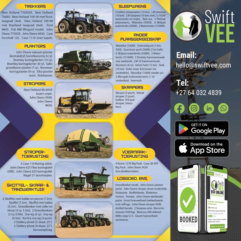 Auction_Finance's tweet image. TRACTOR &amp;amp; IMPLEMENTS AUCTION | 8 AUGUST 11:00 | ow.ly/pfSq30swkwb
Finance Available, contact Lee-Ann Coetzee 076 771 8398 | auctionfinance.co.za
#commercialfinance #auctionfinance #SwiftVEE #bkb
Auth. FSP34936