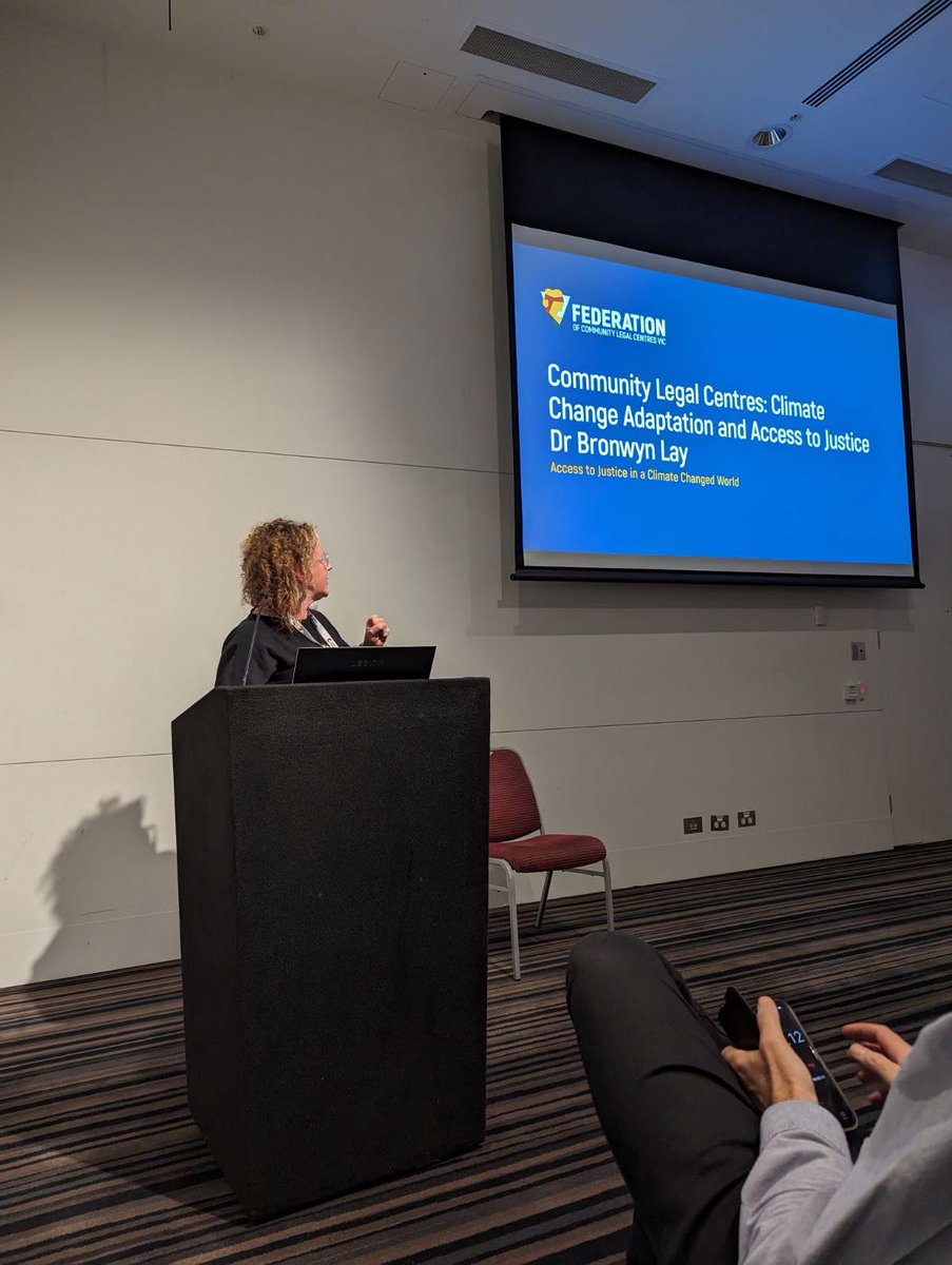 CommunityLawVic's tweet photo. 1/2 Yesterday our Climate Justice & Disaster Response Lead Dr Bronwyn Lay presented at the National Environmental Science Program’s #ClimateAdaptation2023 Conference, outlining the incredibly important work Community Legal Centres are doing to address widening climate inequity. https://t.co/MKvklScuHD