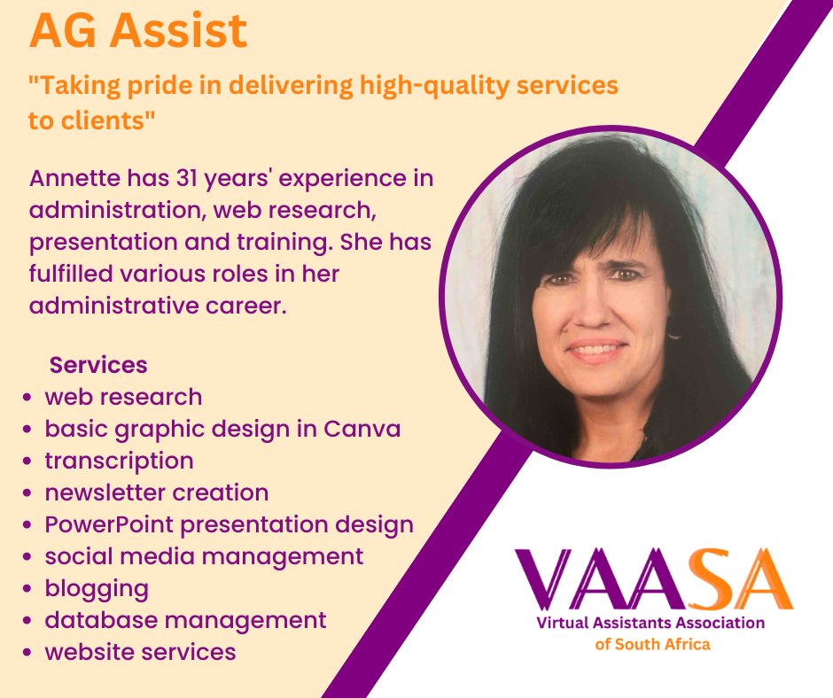 VA_Association's tweet image. If you would like to find out more about AG Assist, then please contact Annette info@ag-assist.co.za 
or visit facebook.com/AGAssistSA

#virtualassistant
#webresearch
#presentations
#training
#admin
#VAASA