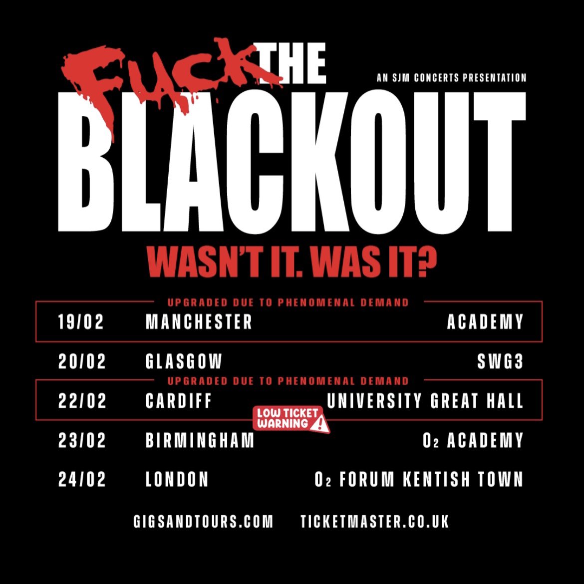 The response to our 2024 tour announcement has been AMAZING!

Thanks to everyone who picked up a ticket so far! 🖤

Get yours below.

FEB 19 - @MancAcademy
FEB 20 - @SWG3glasgow
FEB 22 - @CDFBoxOffice
FEB 23 - @O2AcademyBham
FEB 24 - @O2ForumKTown

🎫 - gigsandtours.com/tour/the-black…