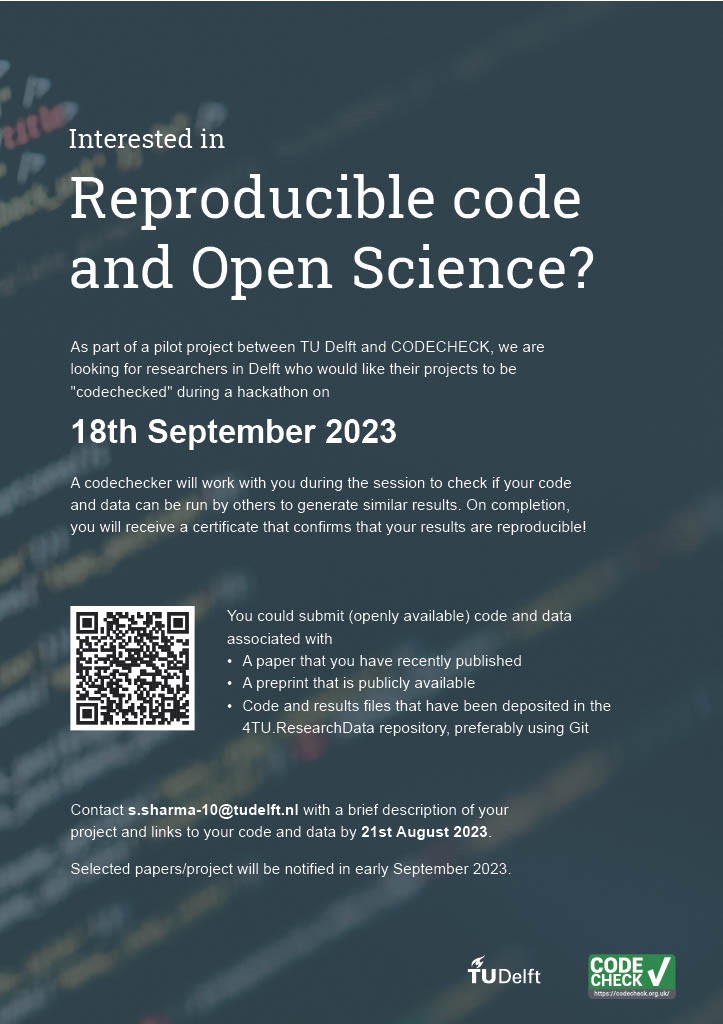 OSCDelft's tweet image. Interested in reproducible code and Open Science? Or would you enjoy helping others make their research more reproducible? Join the #CODECHECK Hackathon on 18 Sept @TUDelft Learn more and register here: buff.ly/471WbBj
#OpenScience #Reproducibility #FAIRSoftware